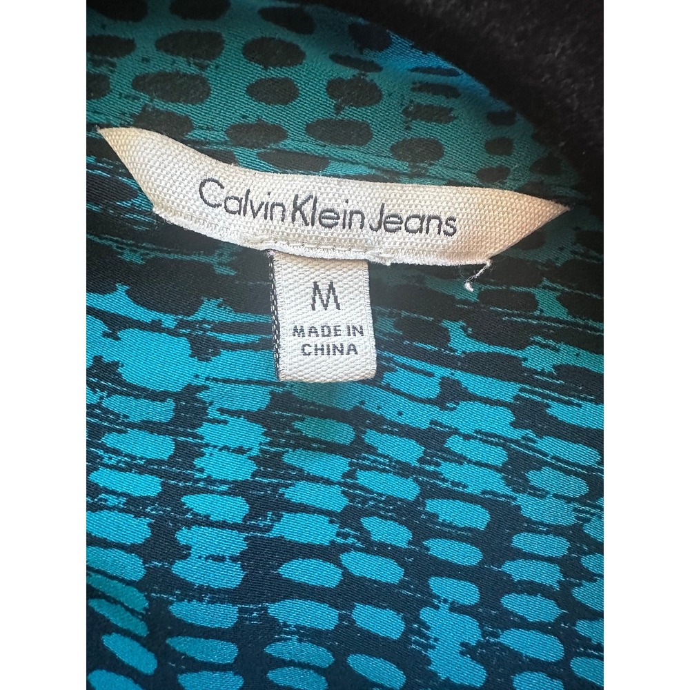 Calvin Klein Jeans M Teal Black Abstract Print Button Down Blouse Tunic Shirt - Picture 7 of 8